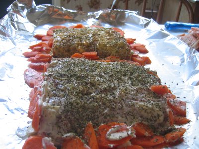 Mayonnaise + spices on one filet, Dijon mustard + different spices on the other.
