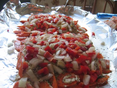 Throw chopped red pepper and onion on